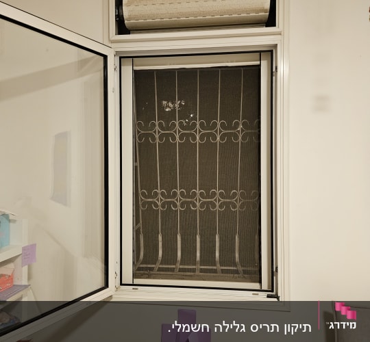 חלון עם תריס גלילה פתוח וחלון רשת